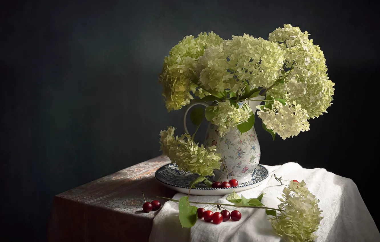 Photo wallpaper flowers, the dark background, light, bouquet, table, cherry, white, berries