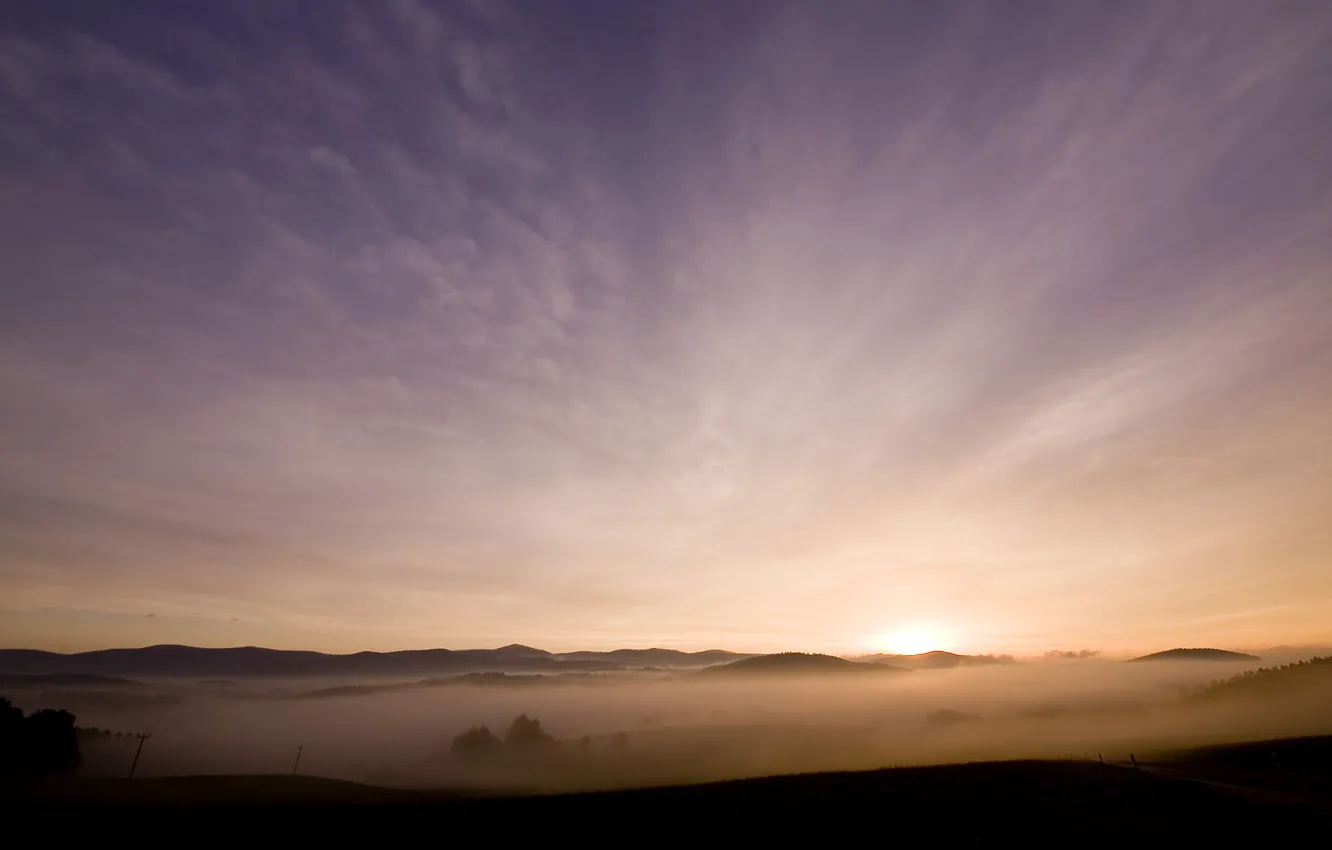 Photo wallpaper fog, hills, Morning