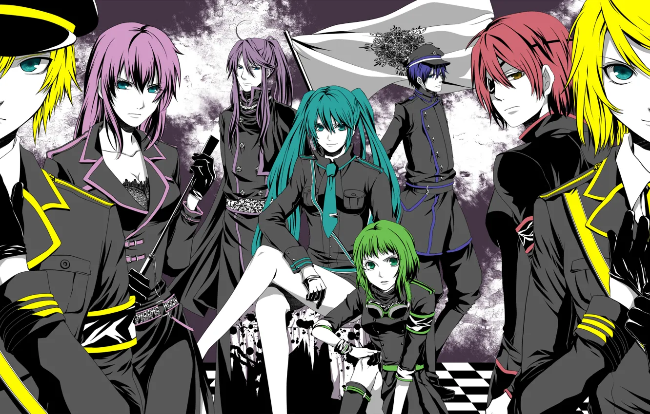 Photo wallpaper girl, flag, guy, vocaloid, hatsune miku, megurine luka, kagamine rin, Vocaloid