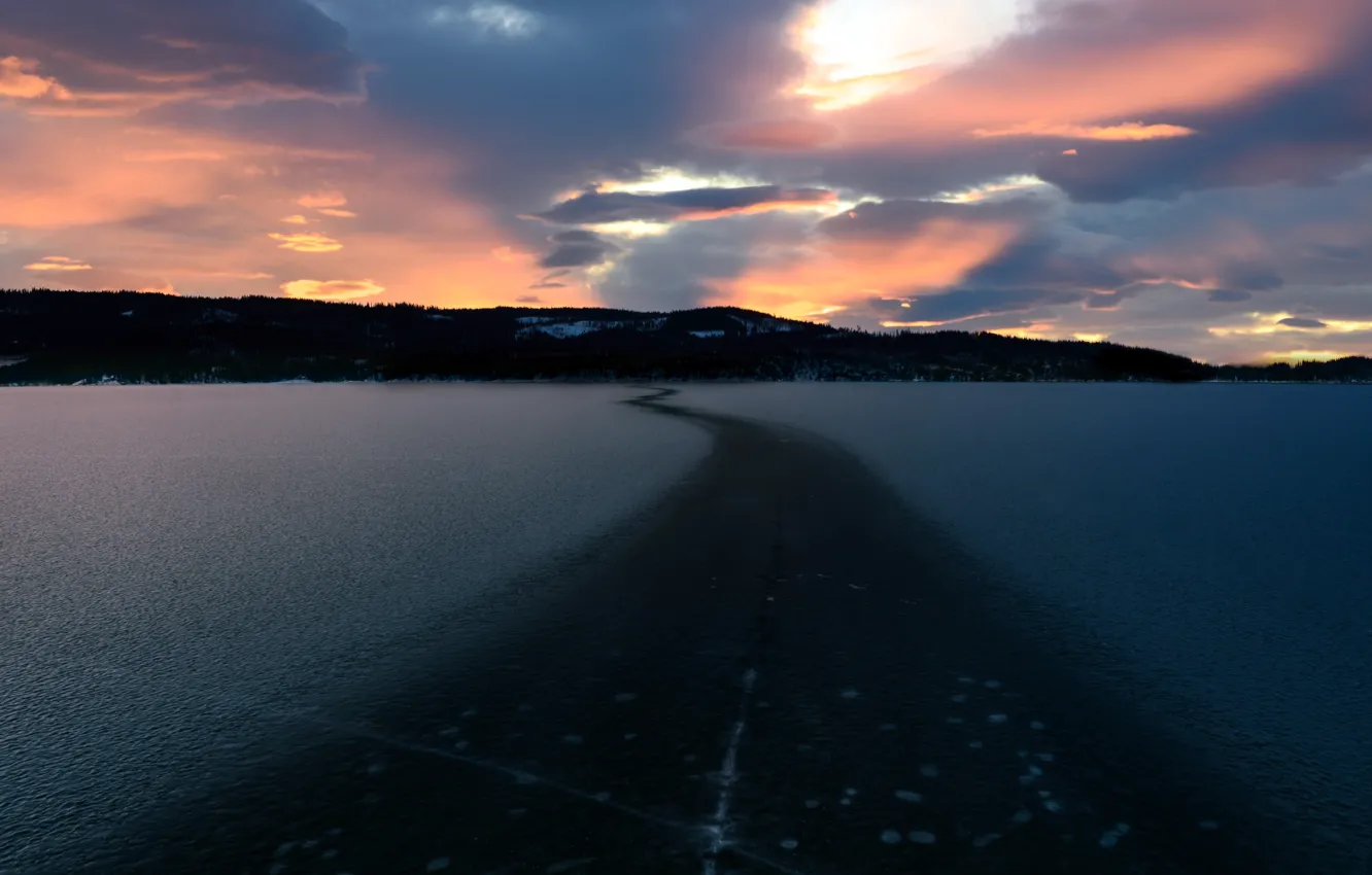 Photo wallpaper road, sea, sunset, shore