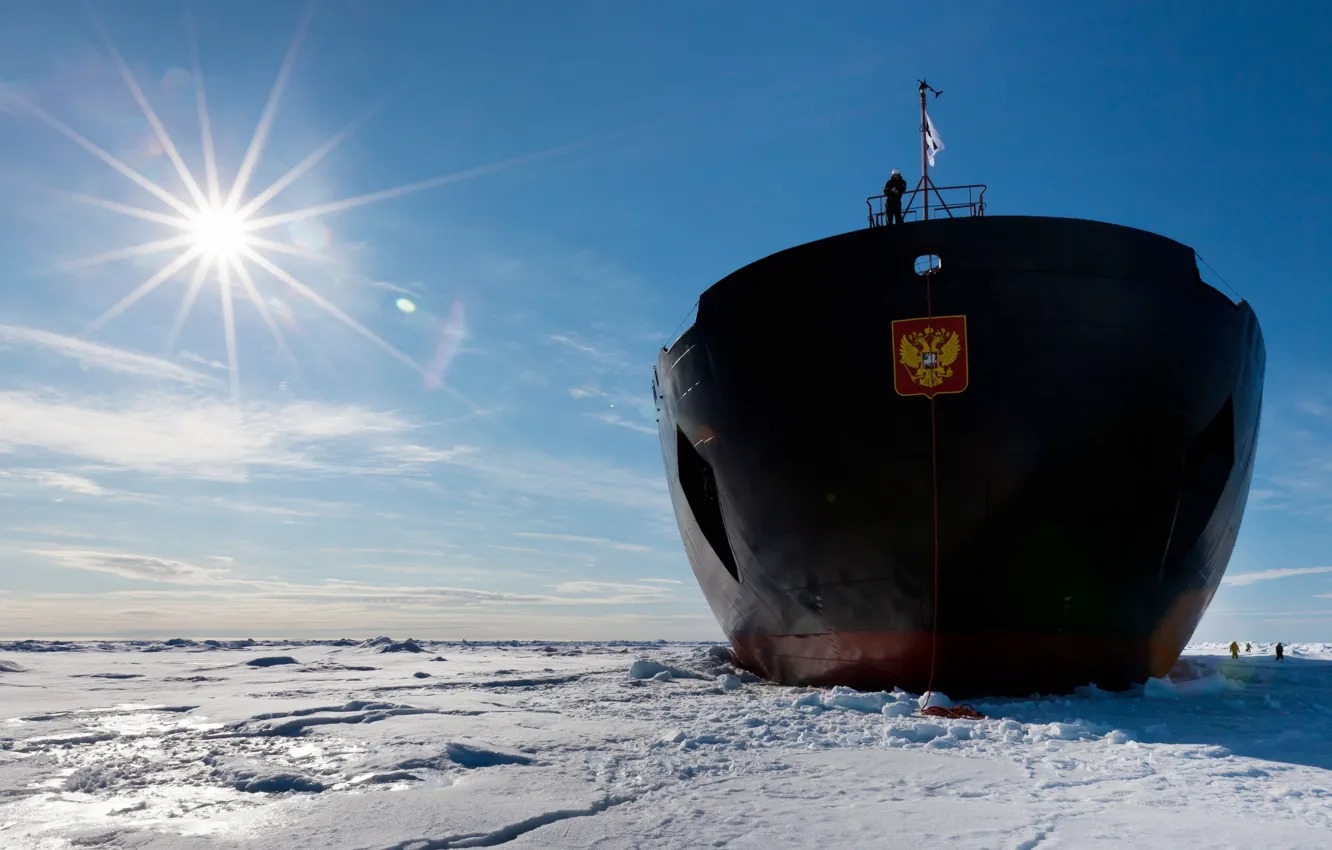 Photo wallpaper The sun, The sky, Sea, Ice, Day, Icebreaker, Coat of arms, Russia