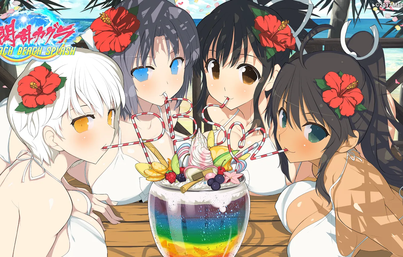 Photo wallpaper sexy, cleavage, green eyes, long hair, girls, brown eyes, boobs, anime