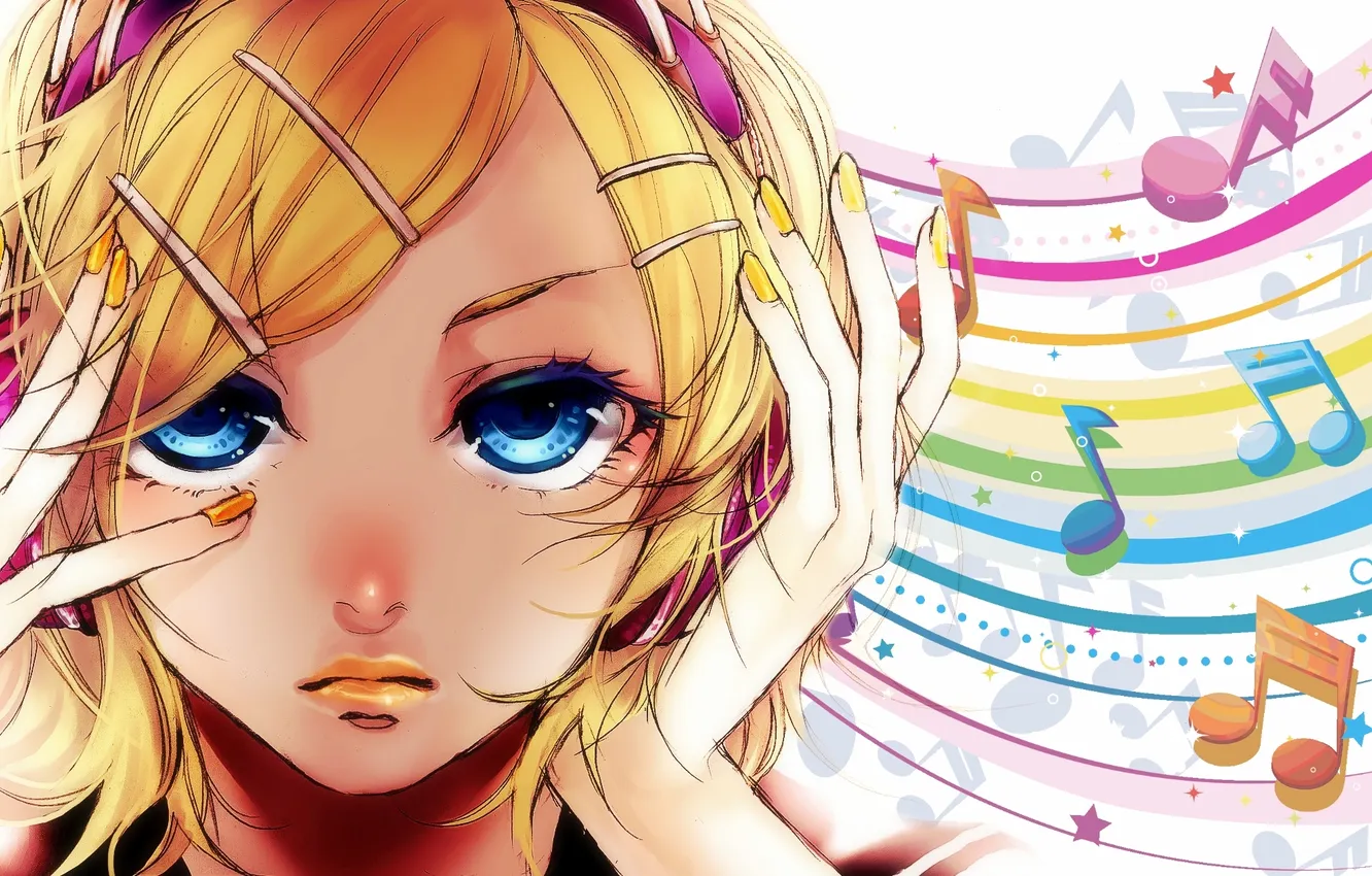 Photo wallpaper girl, face, notes, paint, art, vocaloid, kagamine rin, barrette