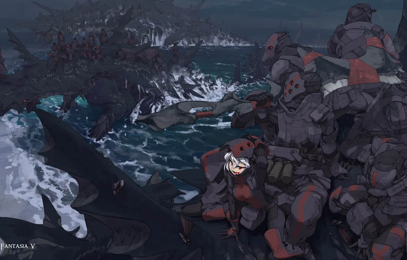 Photo wallpaper girl, the ocean, shore, dragon, monster, army, anime, art
