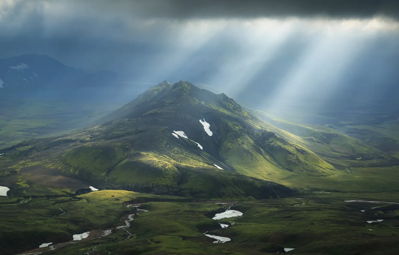 Photo wallpaper the sky, rays, light, mountains, valley, mountains.hill