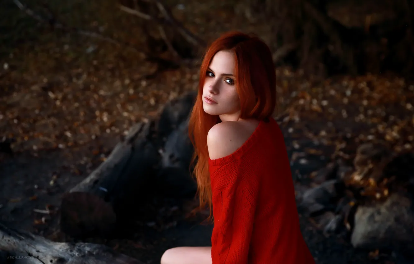 Photo wallpaper look, girl, face, red, shoulders, redhead, long hair, sweater