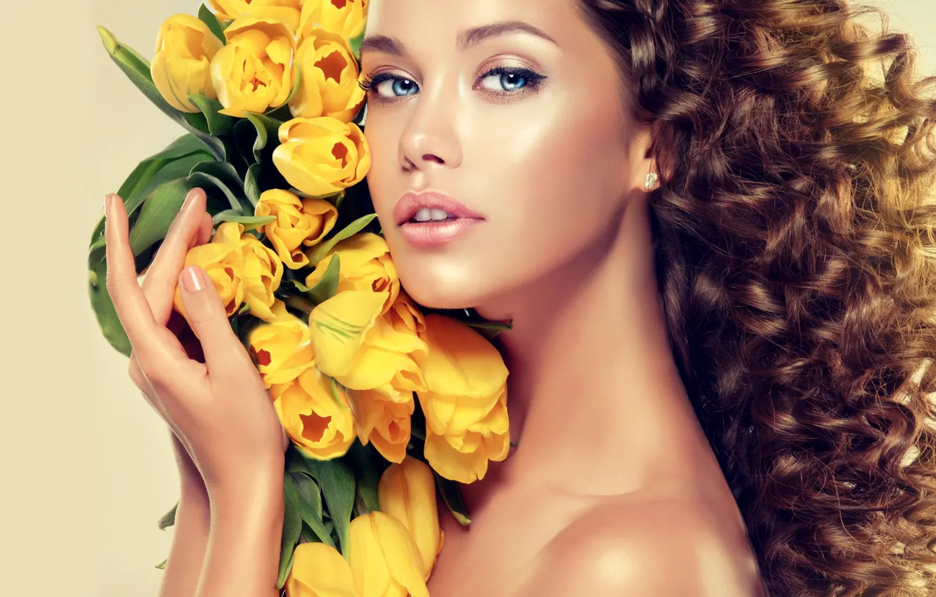 Photo wallpaper look, girl, face, model, hair, bouquet, yellow, hands