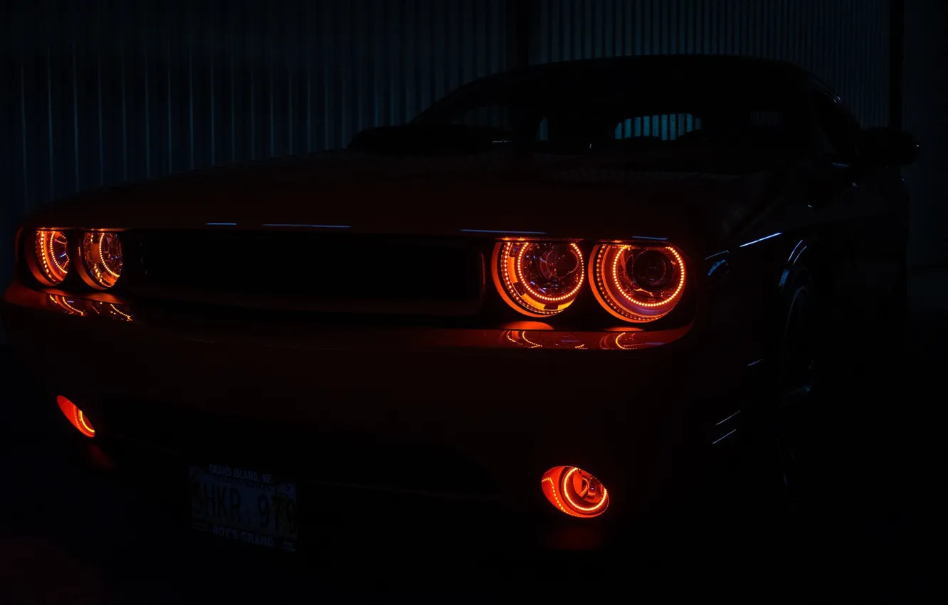Photo wallpaper darkness, lights, red, dodge challenger, the front