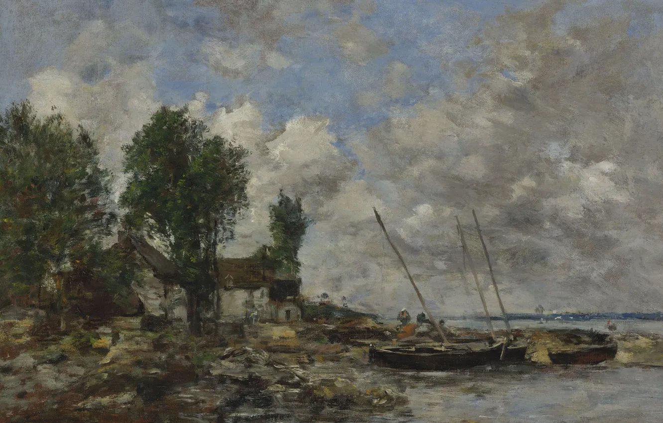 Photo wallpaper clouds, landscape, house, boat, picture, Eugene Boudin, Eugene Boudin, River in Plougastel