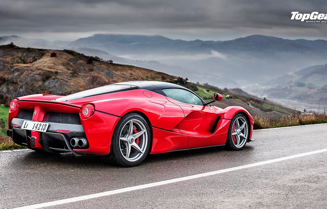 Photo wallpaper Top Gear, Ferrari, Red, Landscape, Rain, Supercar, LaFerrari, Rear