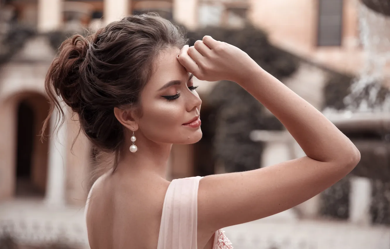 Photo wallpaper girl, gorgeous, Glamour, gown, hairstyle, Fountain, graceful, Hair style