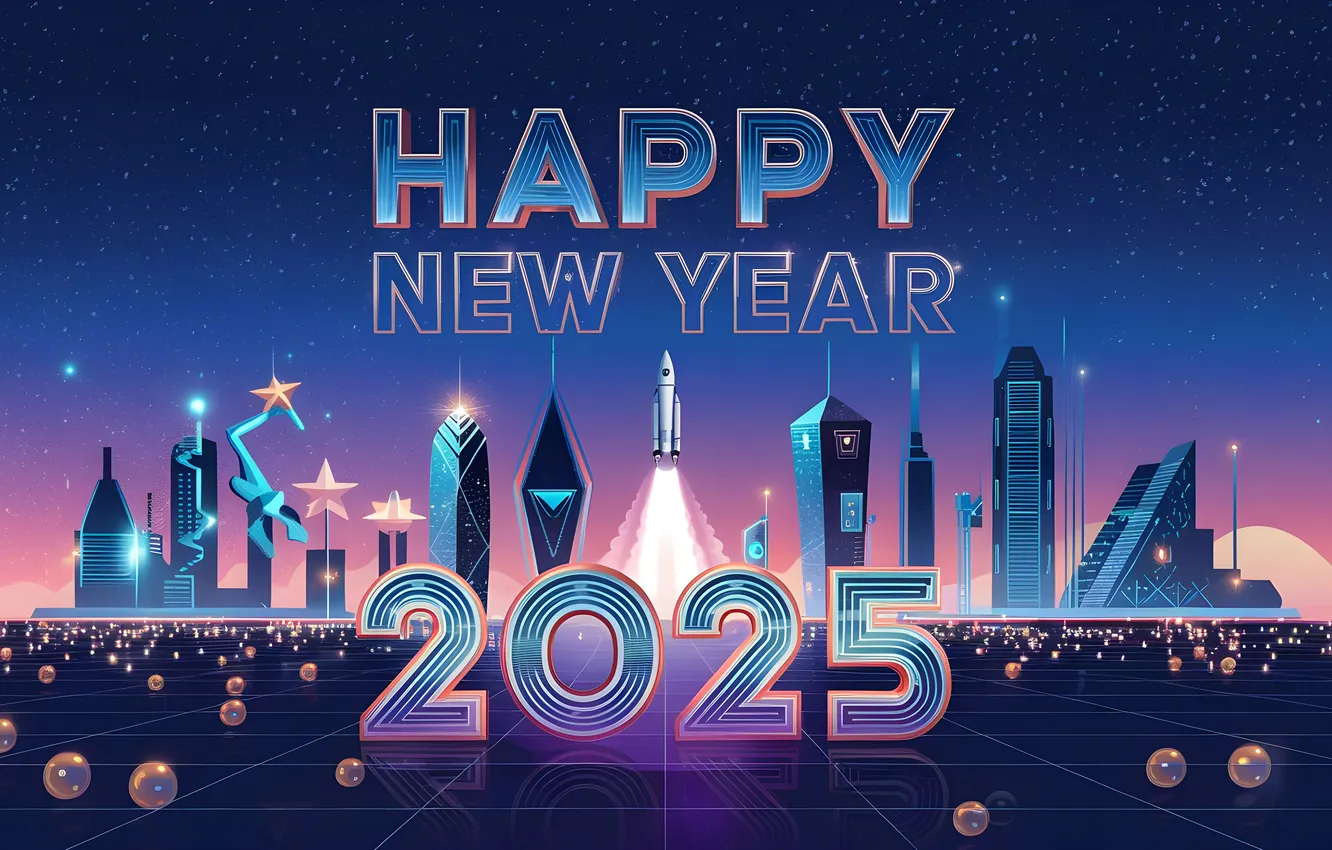 Photo wallpaper holiday, new year, Neon, New Year, futuristic city, celebrations, Space Flight, Happy New Year 2025