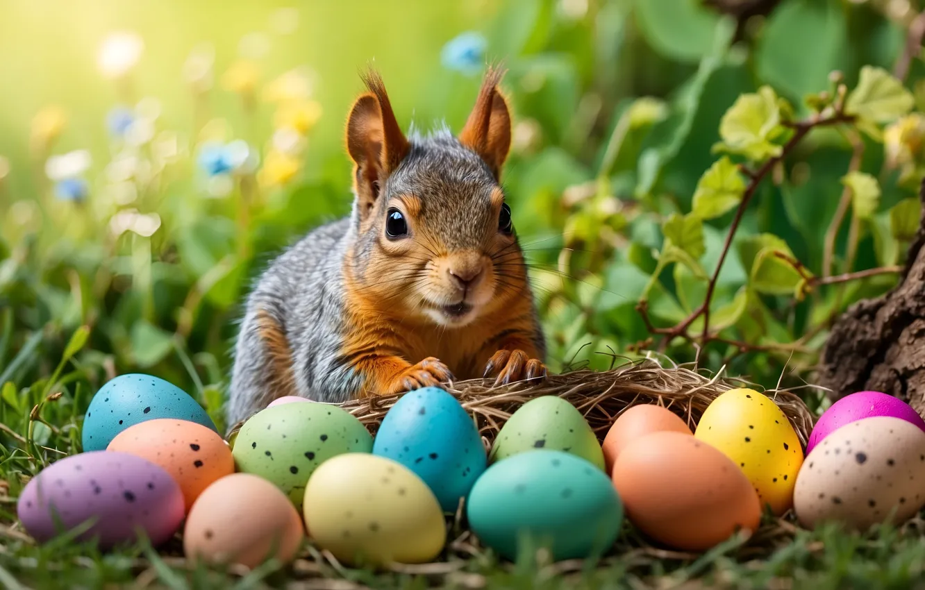 Photo wallpaper glade, eggs, protein, Easter, painted, AI art, neural network