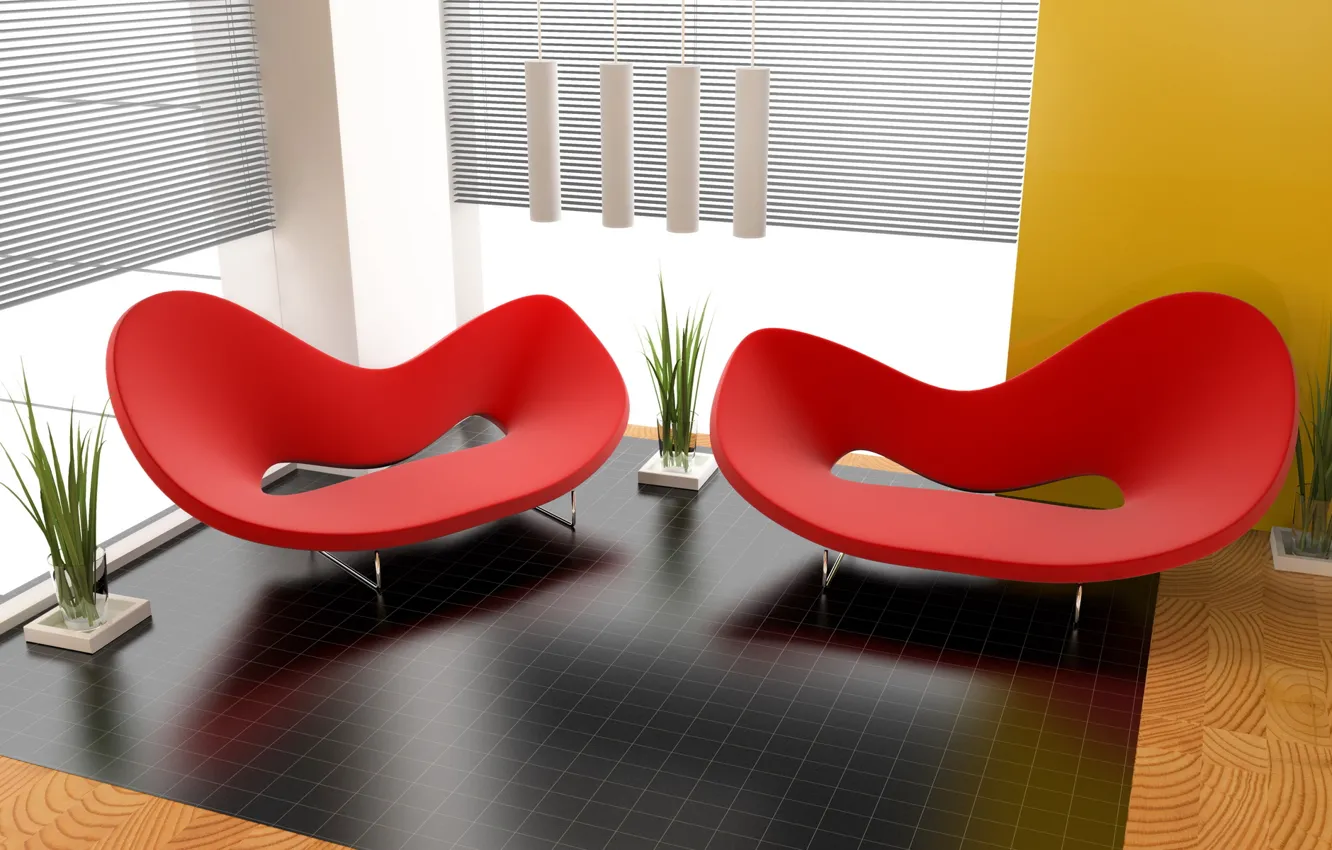 Photo wallpaper design, style, room, red, interior, plants, chair, form