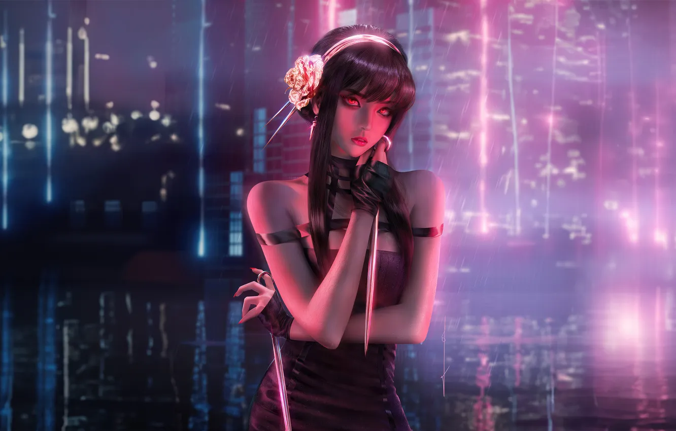 Photo wallpaper water, girl, skyscrapers, neon, brunette, night city, SPY FAMILY, The York counterfeiter from the Spy …