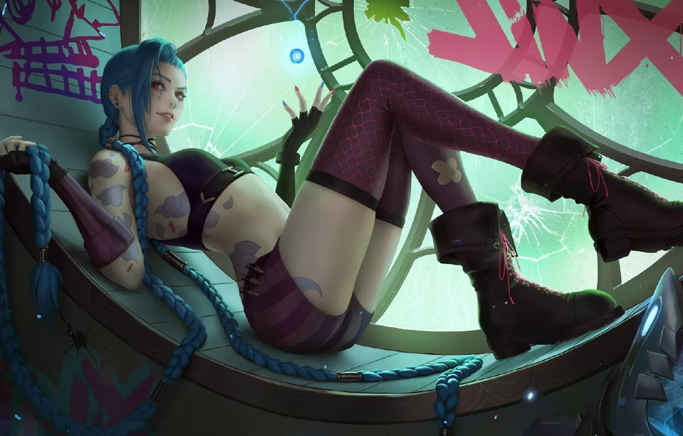 Photo wallpaper smile, the game, stockings, shoes, stained glass, game, blue hair, characters