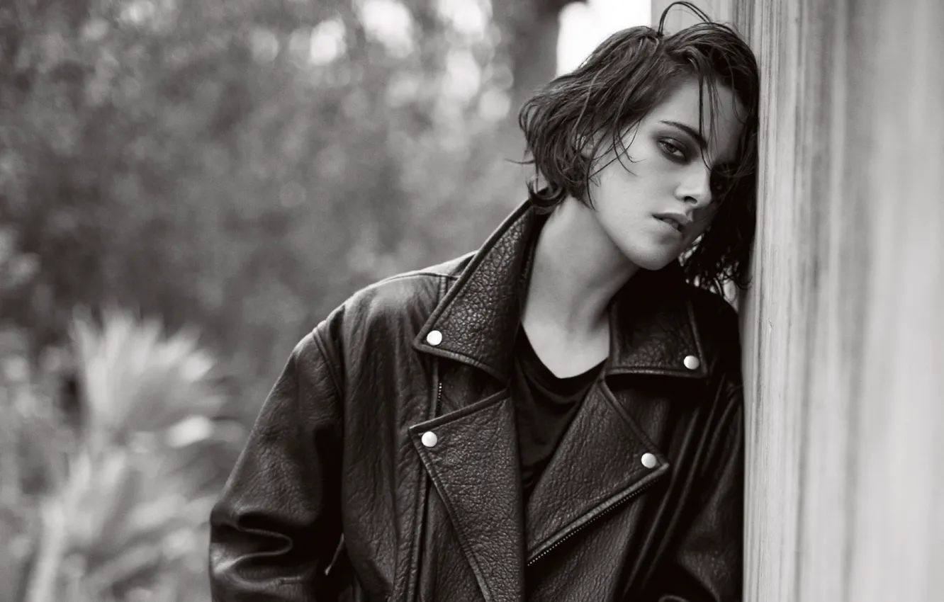 Photo wallpaper model, actress, brunette, jacket, hairstyle, black and white, Kristen Stewart, Kristen Stewart