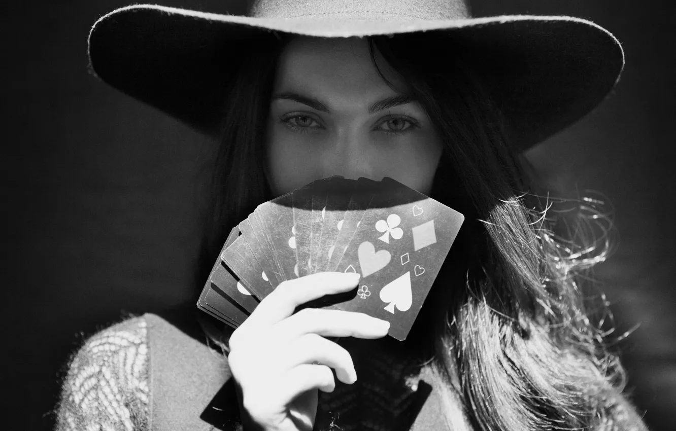 Photo wallpaper card, Megan Fox, Megan Fox, hat, black and white