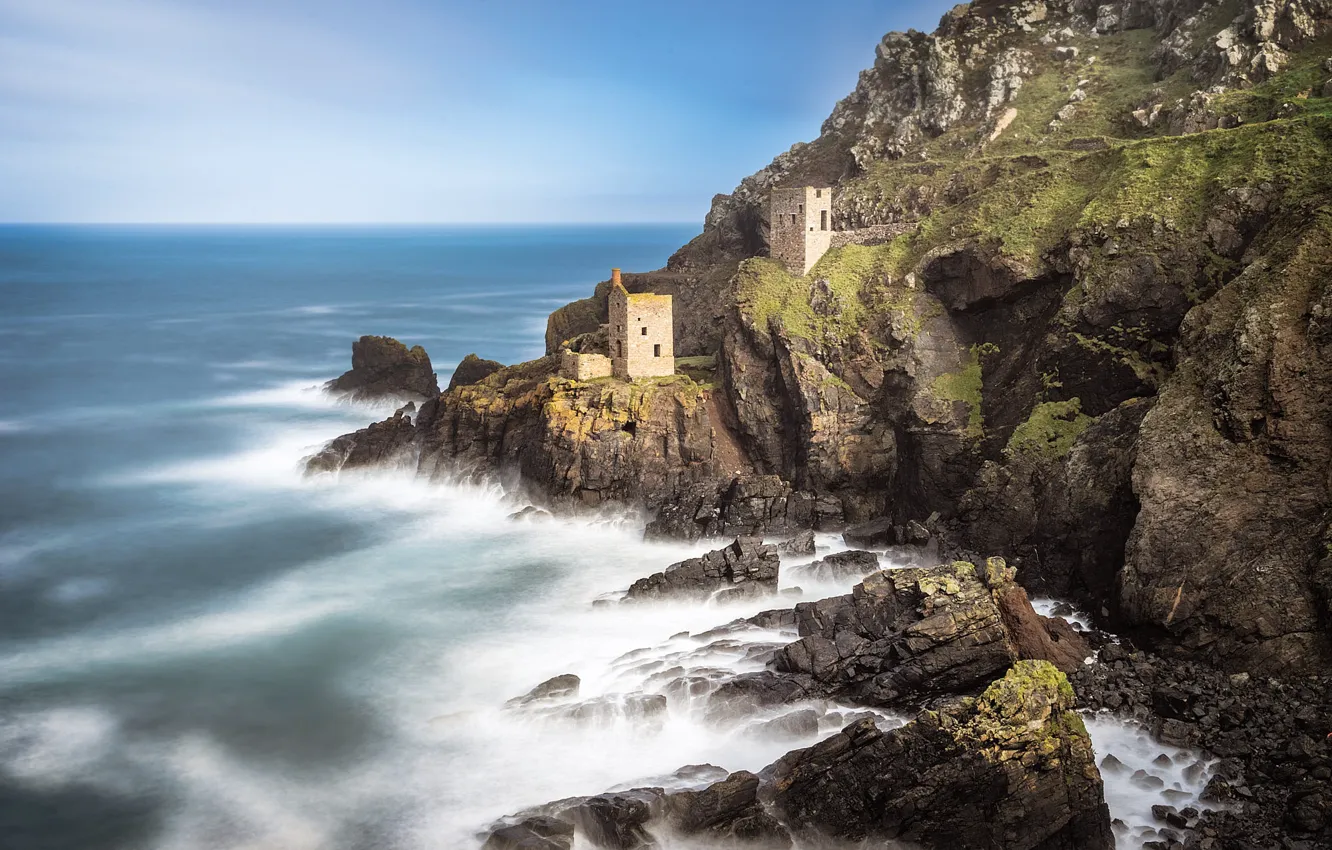 Photo wallpaper sea, mountains, rocks, ruins