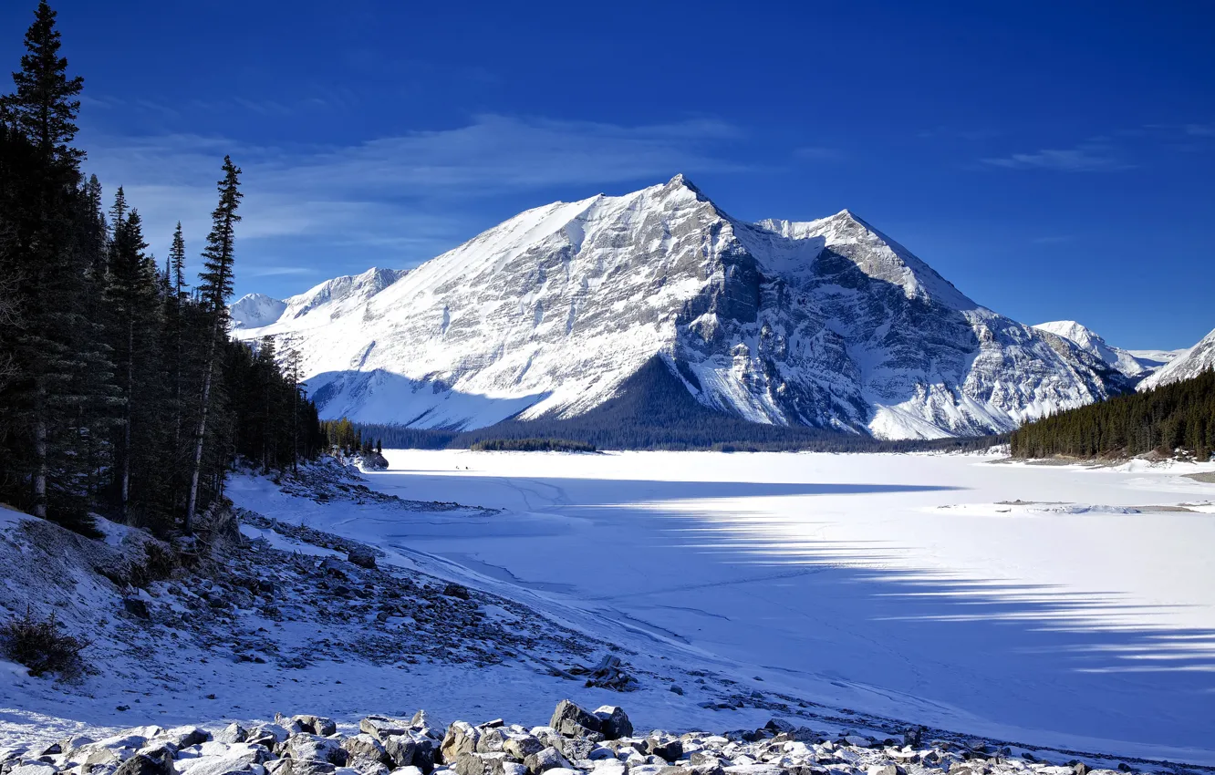 Photo wallpaper ice, winter, the sky, snow, trees, mountains, lake, spruce