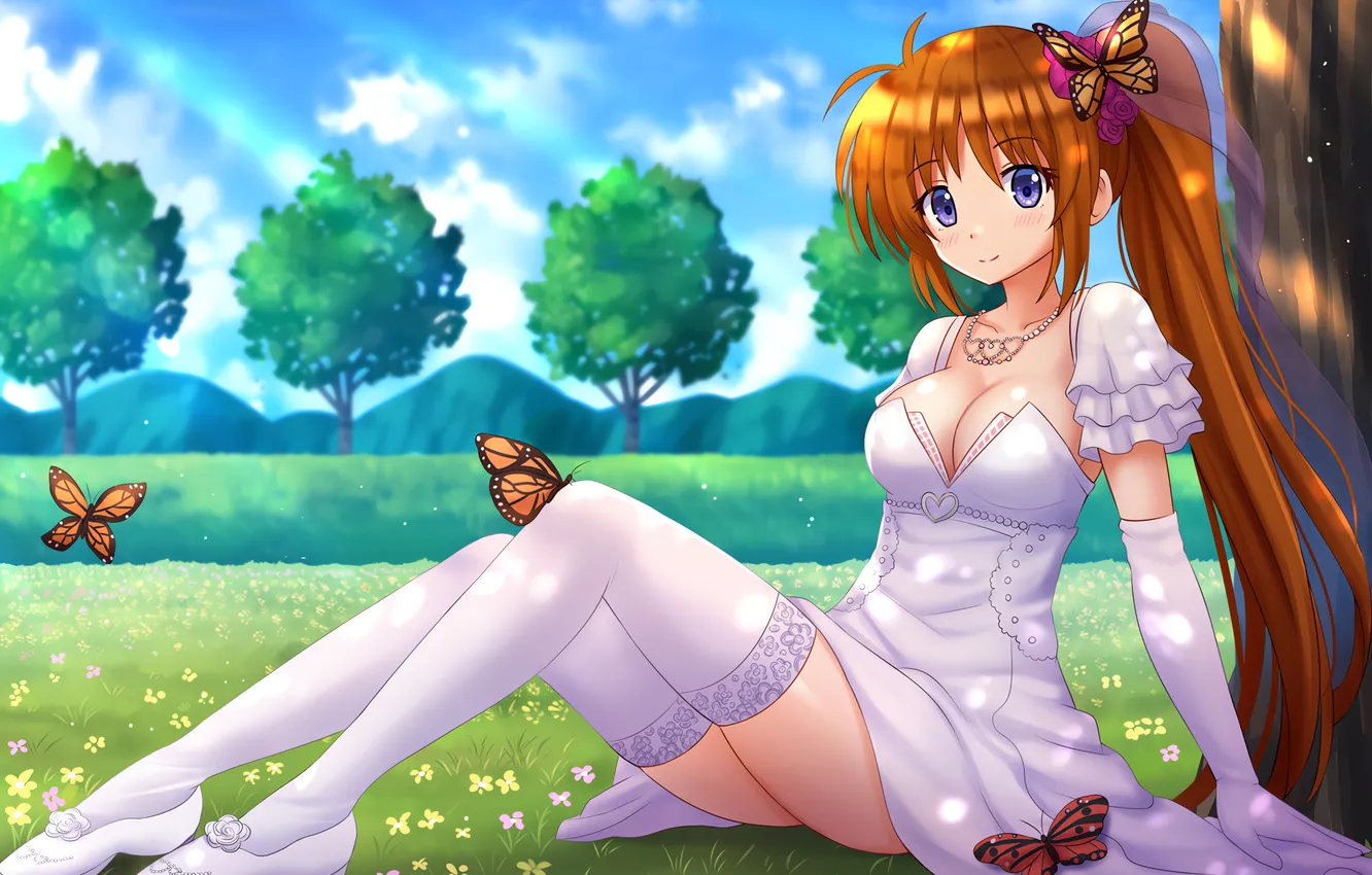 Photo wallpaper girl, grass, sexy, cleavage, thighhighs, long hair, dress, legs