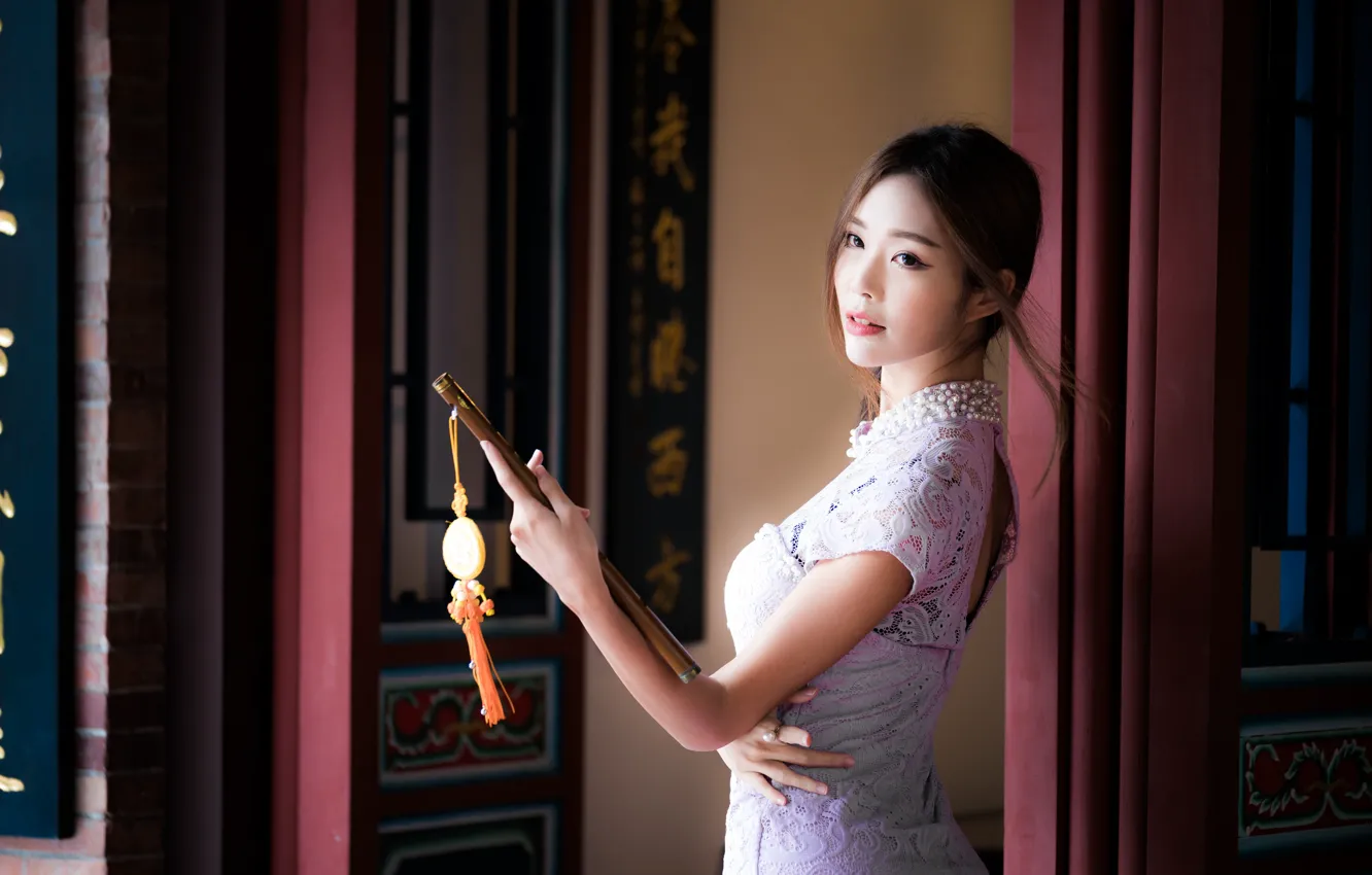 Photo wallpaper girl, pose, dress, fan, Asian