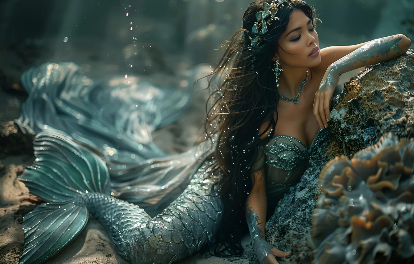 Photo wallpaper girl, stones, hair, mermaid, tail, digital art, AI art, The Art of Artificial Intelligence