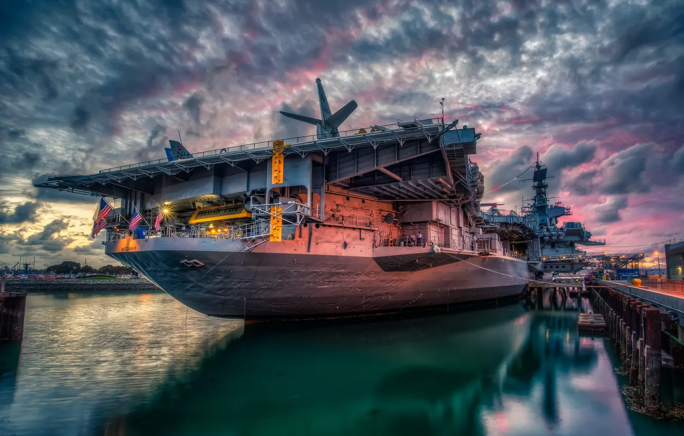 Photo wallpaper sunset, San Diego, bay, USS Midway
