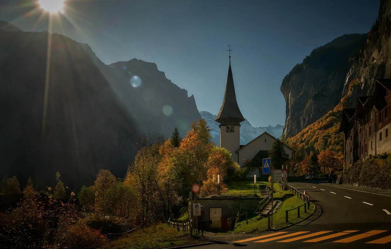 Photo wallpaper road, autumn, the sun, rays, landscape, mountains, nature, Switzerland