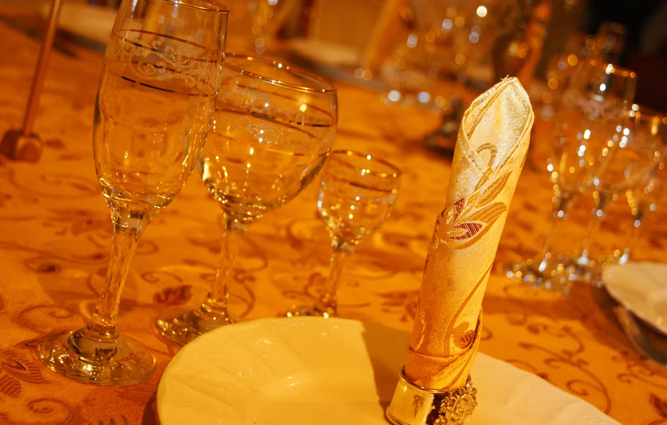 Photo wallpaper table, glass, dishes, napkin