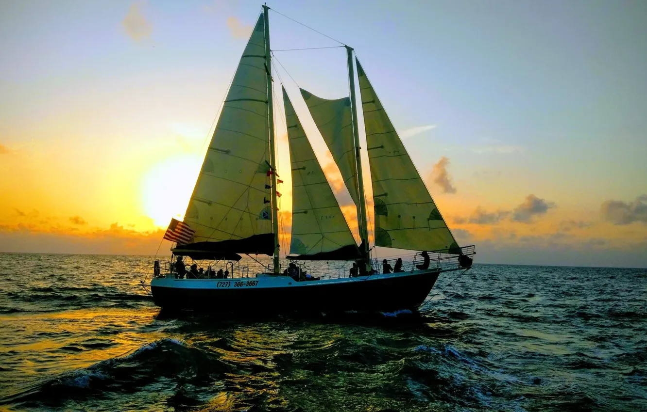Photo wallpaper the sun, the way, movement, the ocean, ship, the evening, yacht, sails