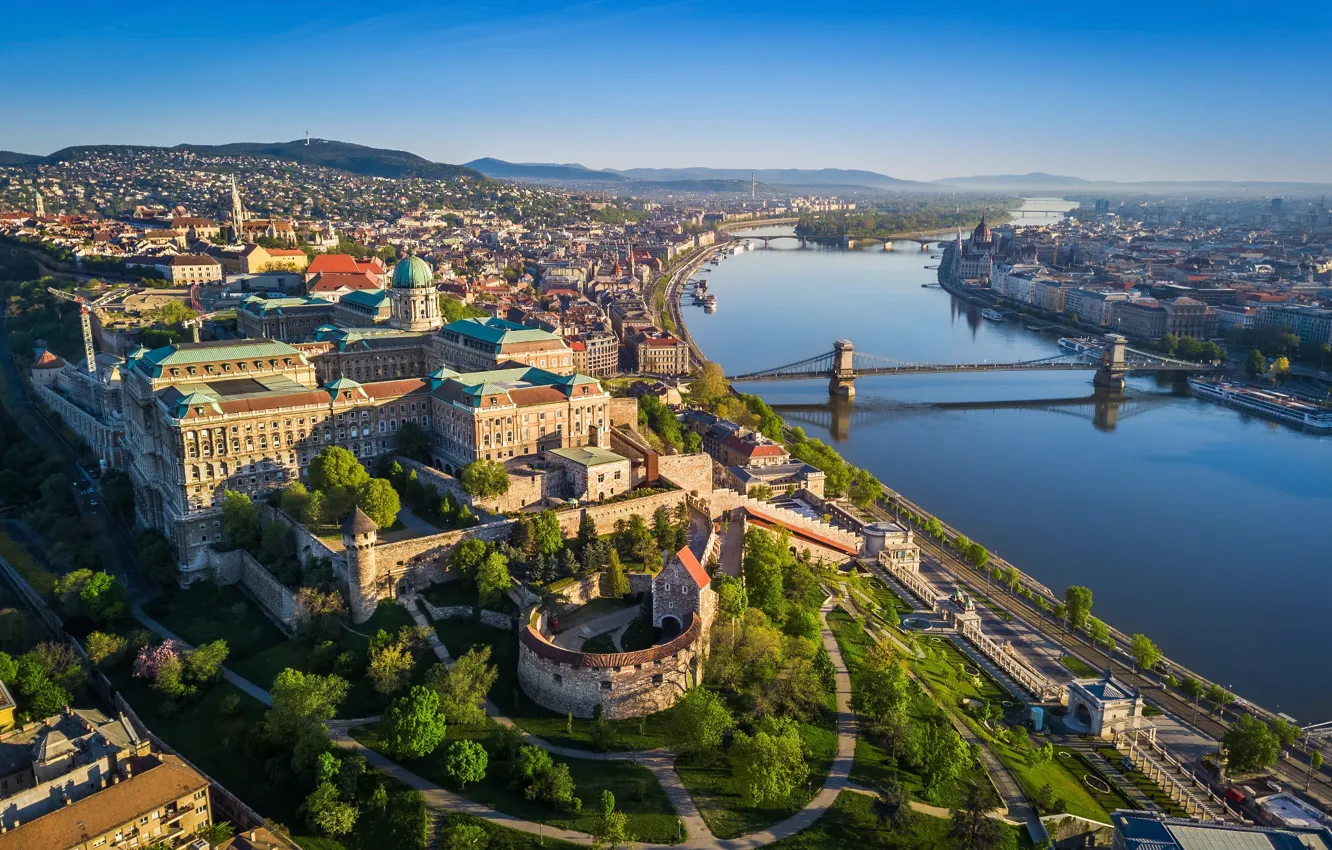 Photo wallpaper bridge, river, building, panorama, Hungary, Budapest, Buda Castle