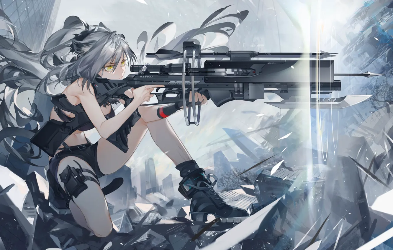 Photo wallpaper girl, weapons, art, aiming, art, black, Arknights