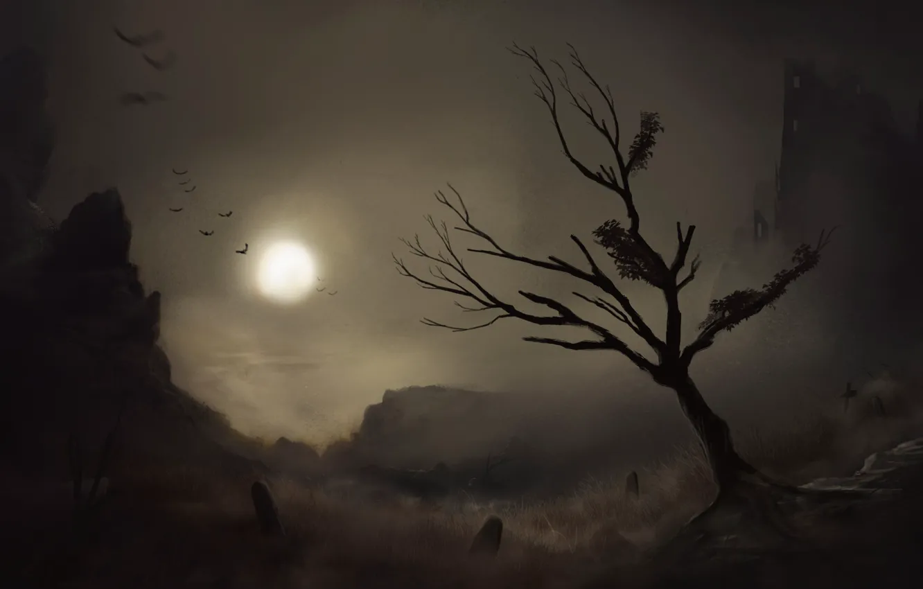 Photo wallpaper trees, night, bird, the moon, art, painted landscape