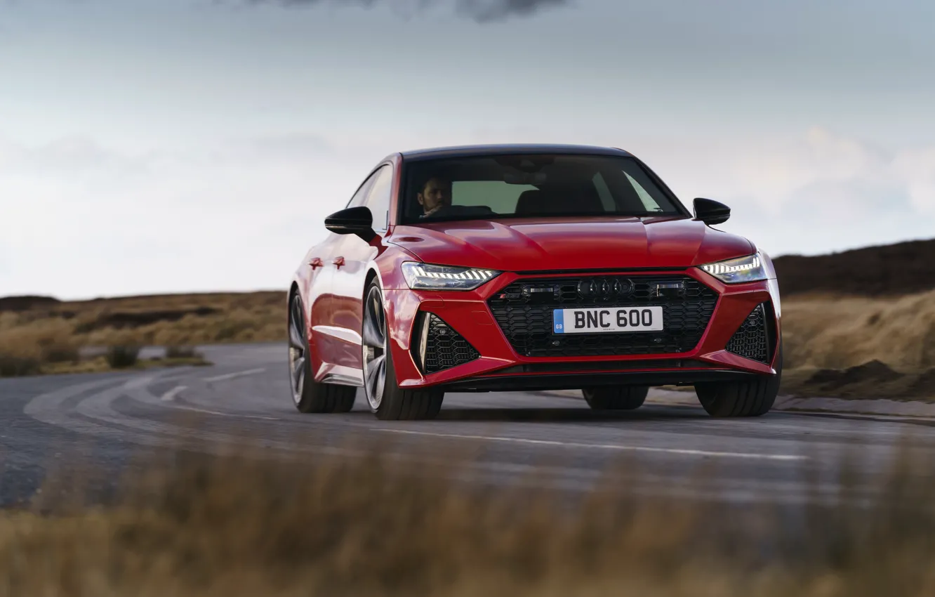 Photo wallpaper road, red, Audi, RS 7, 2020, Sportback, UK version, RS7 Sportback