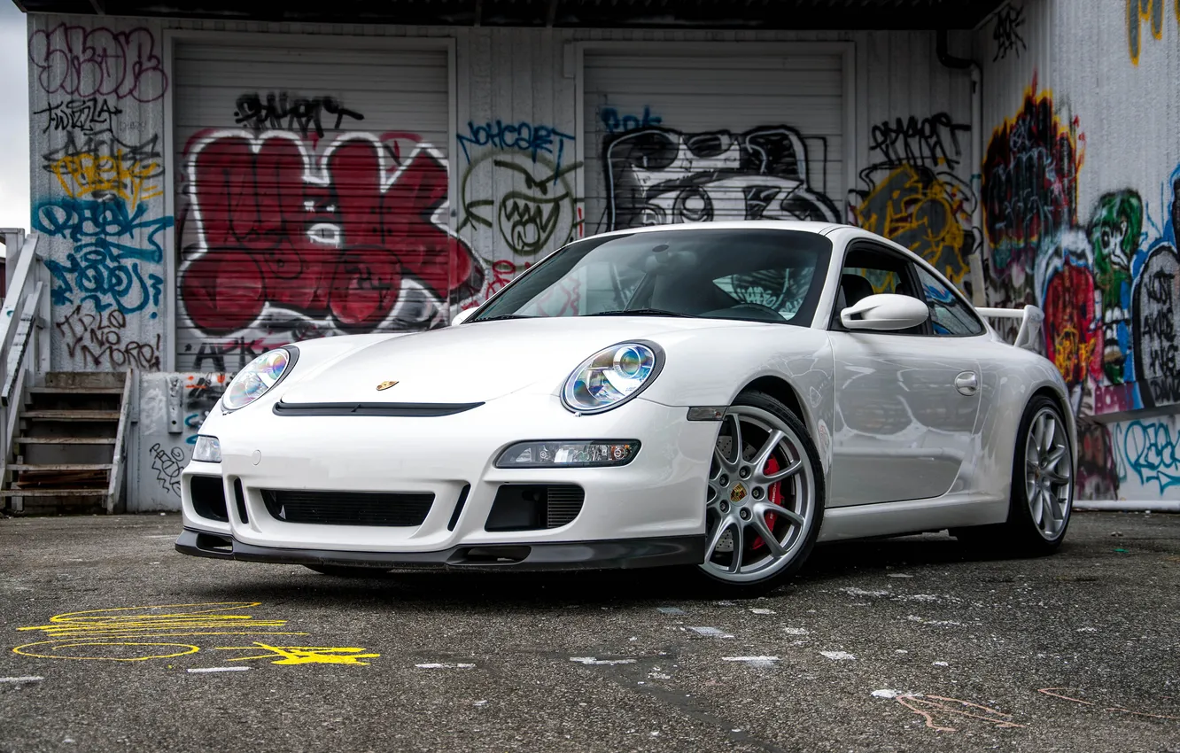 Photo wallpaper 911, 997, Porsche, wall, white, graffiti, GT3, building