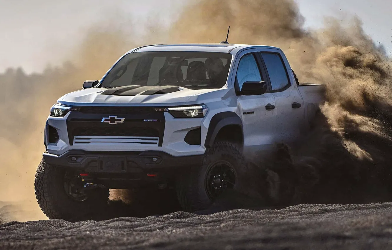Photo wallpaper movement, speed, Chevrolet, pickup, Colorado, ZR2, clouds of dust, 2023
