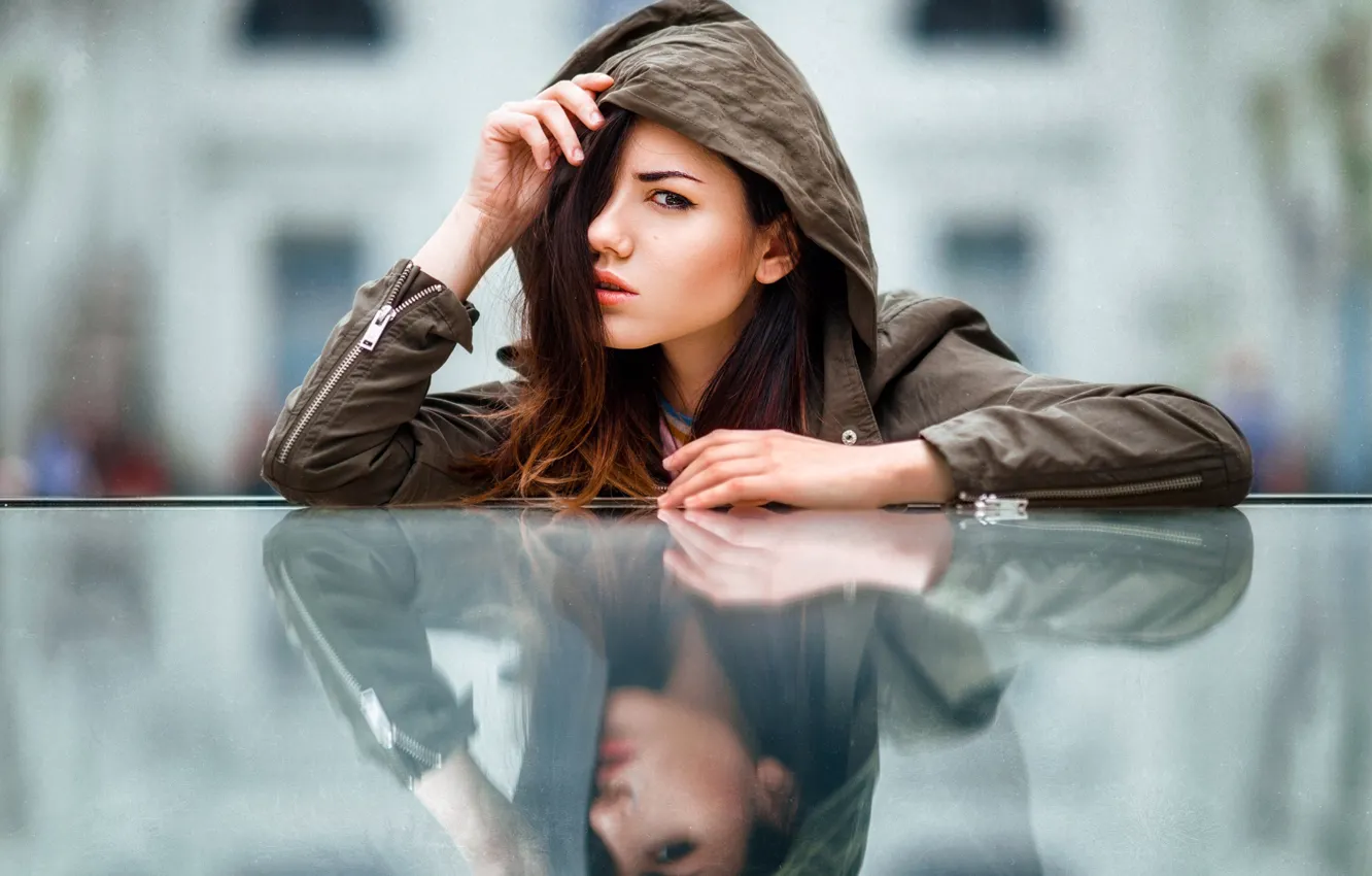 Photo wallpaper look, pose, reflection, portrait, makeup, jacket, hairstyle, hood