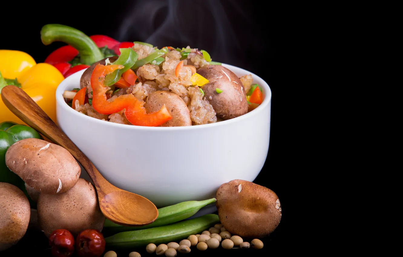 Photo wallpaper background, mushrooms, pepper, figure, bowl