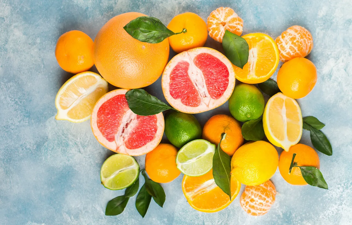 Photo wallpaper leaves, background, lemon, orange, lime, fruit, different, a lot