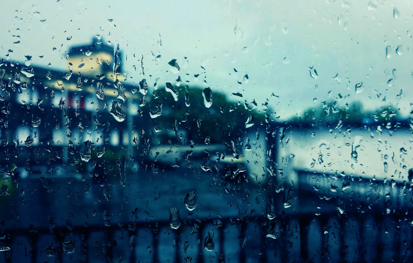 Photo wallpaper glass, drops, the city, rain