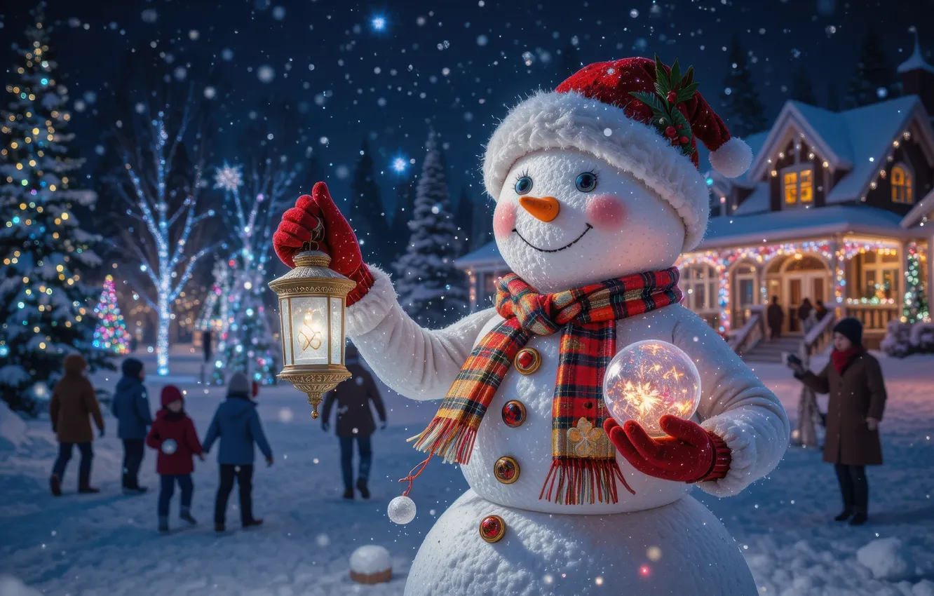 Photo wallpaper winter, snow, night, lights, new year, area, Christmas, snowman