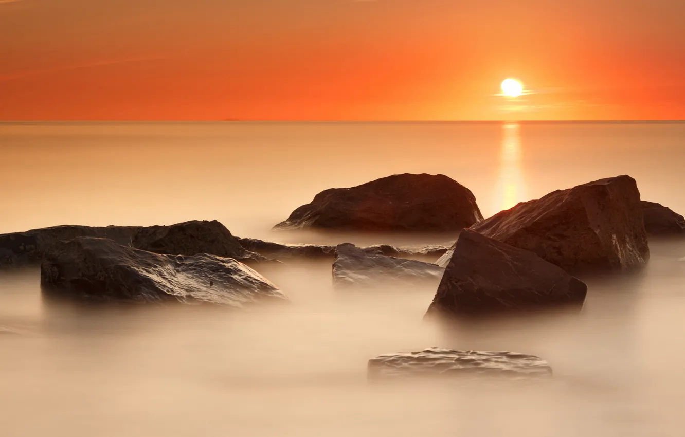 Photo wallpaper sea, beach, the sun, stones, calm