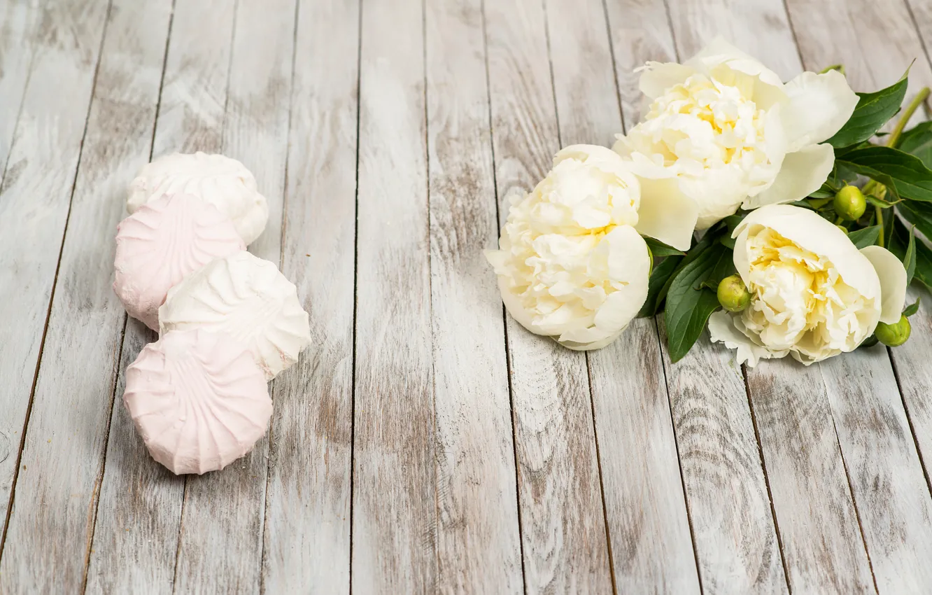 Photo wallpaper romantic, sweet, peonies, sweets, marshmallows, valentines day, peonies, boards