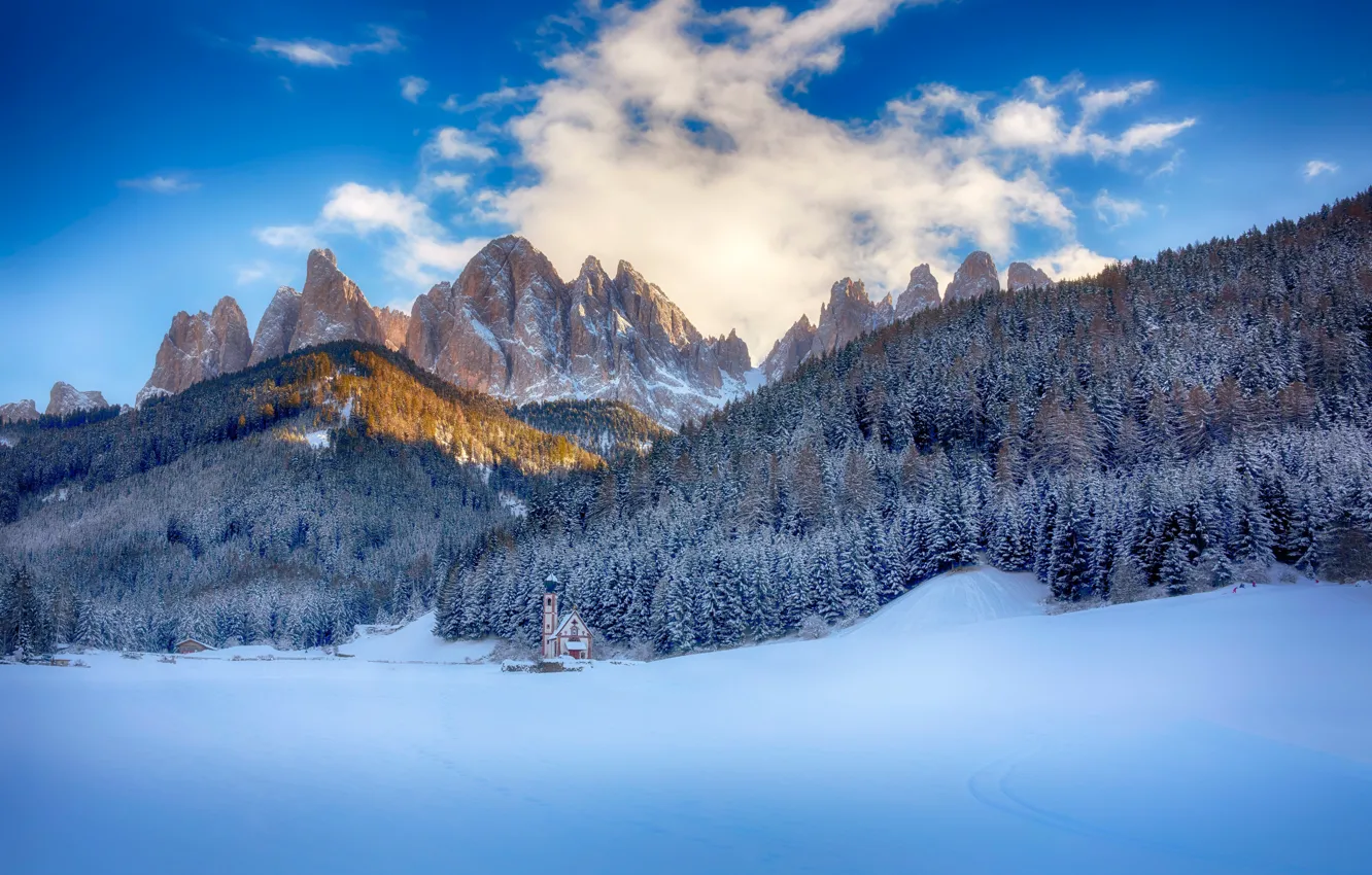 Photo wallpaper winter, forest, snow, mountains, Italy, Church, Italy, The Dolomites