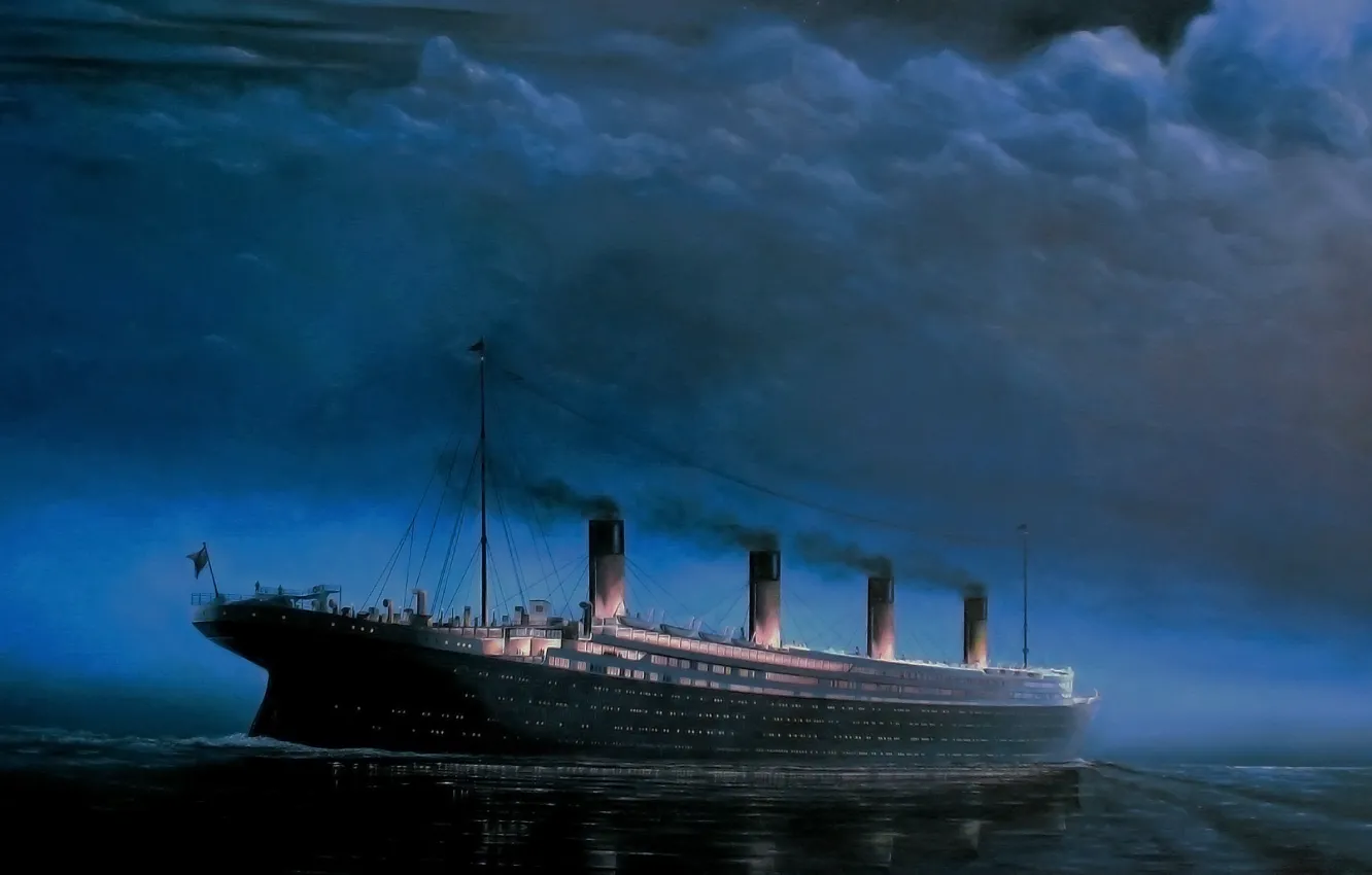 Photo wallpaper The sky, Clouds, Reflection, Sea, Night, Figure, Liner, Titanic