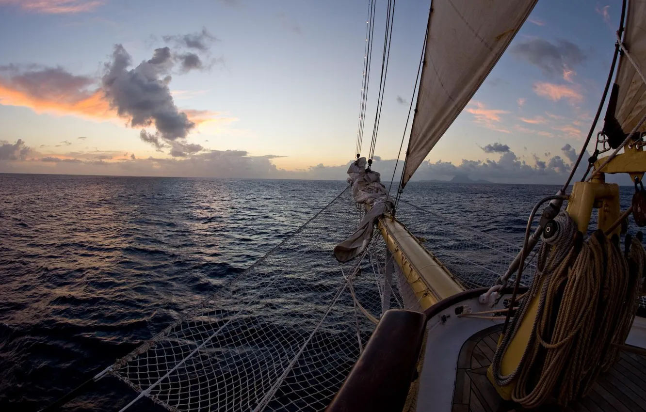 Photo wallpaper sea, the way, movement, ship, sailboat, the evening, nose, sails
