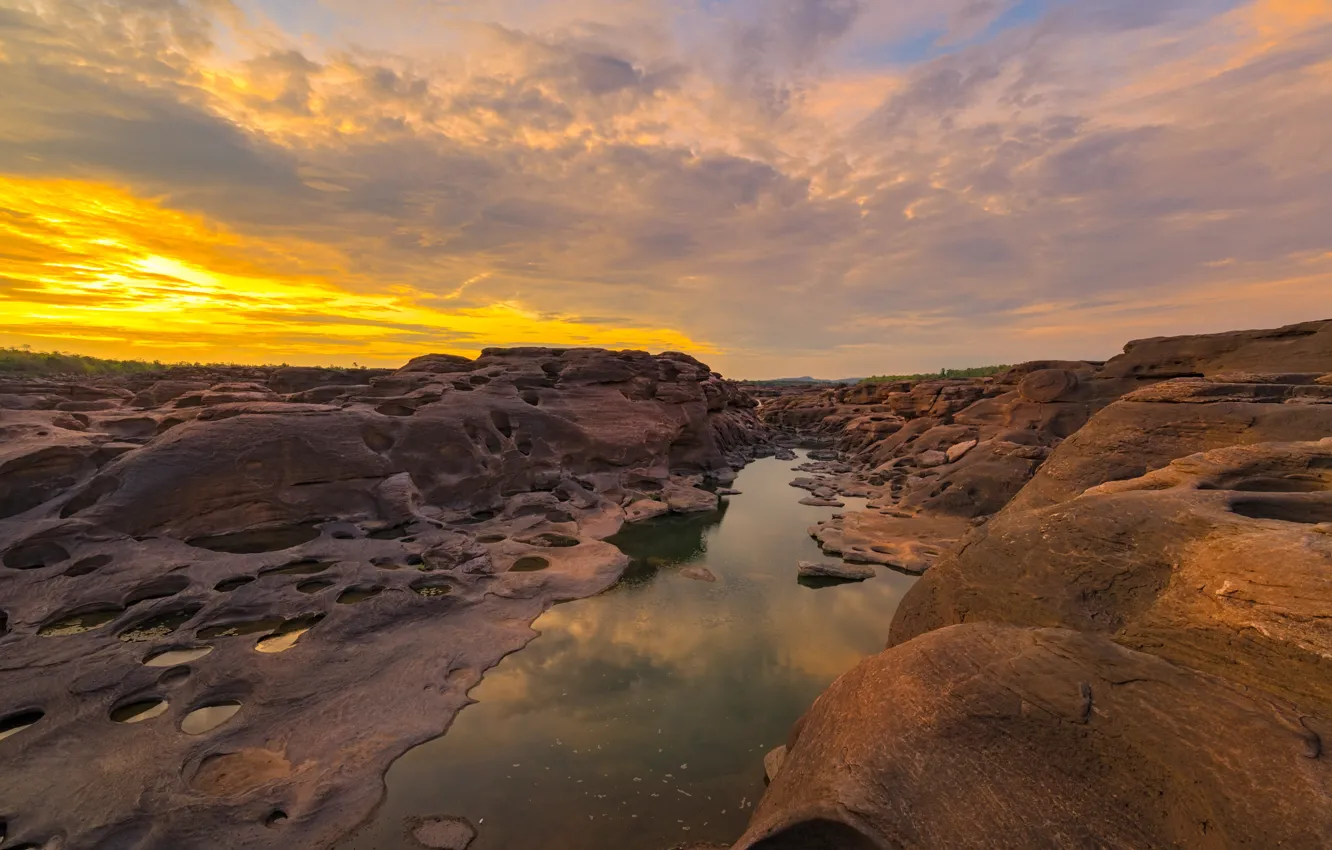 Photo wallpaper sunset, river, stones, rocks, Thailand, river, nature, stone