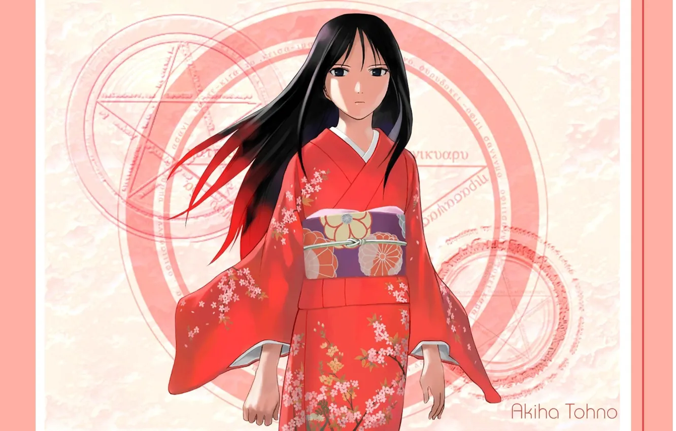 Photo wallpaper Japanese, spell, priestess, in red, pentagram, black hair, tsukihime, Akiha Tohno
