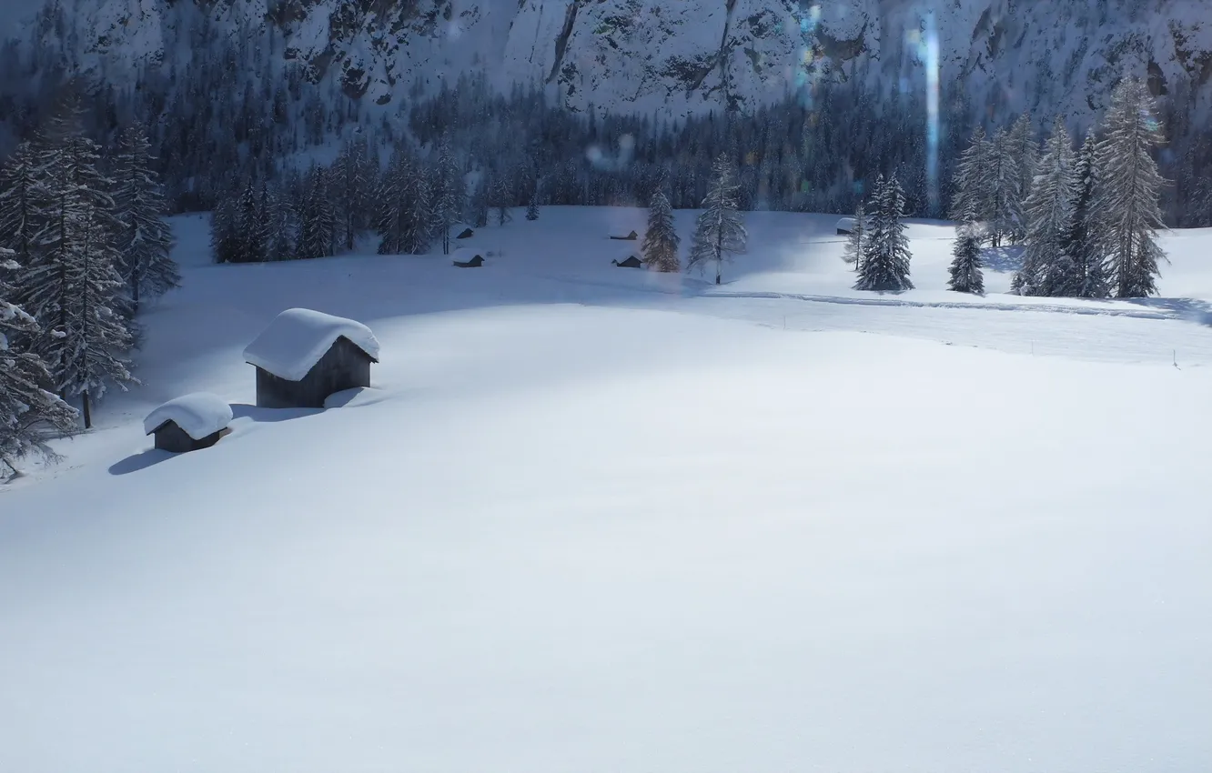 Photo wallpaper winter, snow, landscape, house
